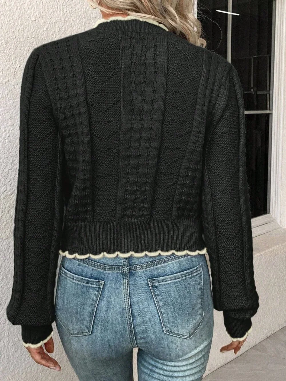 Black Casual Women's Contrast Trim Cropped Cardigan